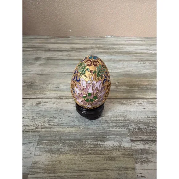 Set of 3 Asian Cloisonné Enamel Floral Eggs w/Wooden Stands Vintage Pre-owned - Picture 5 of 12